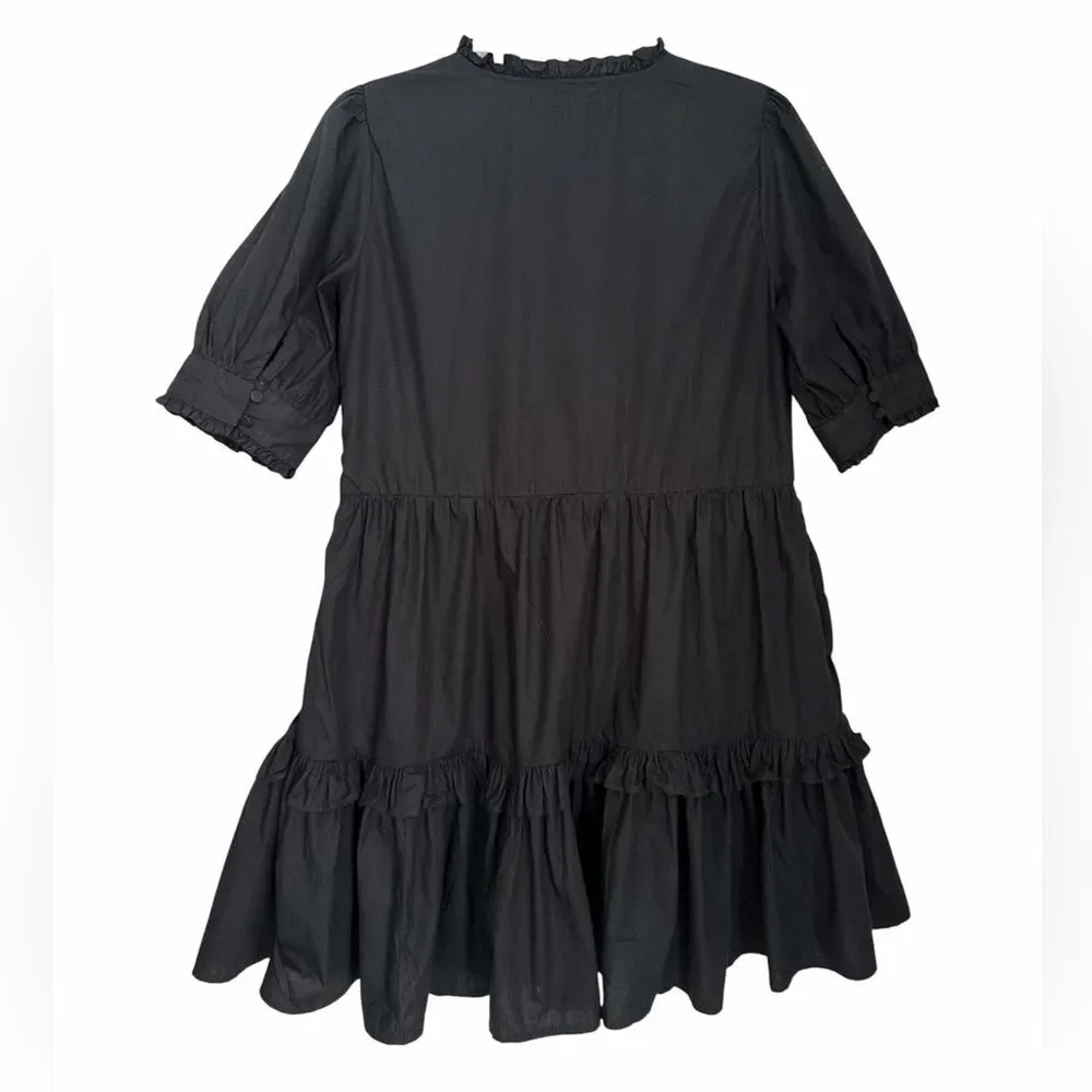 J.Crew Black Cotton Ruffle Neck Tiered Popover Mini Dress Women’s Puff Sleeve S